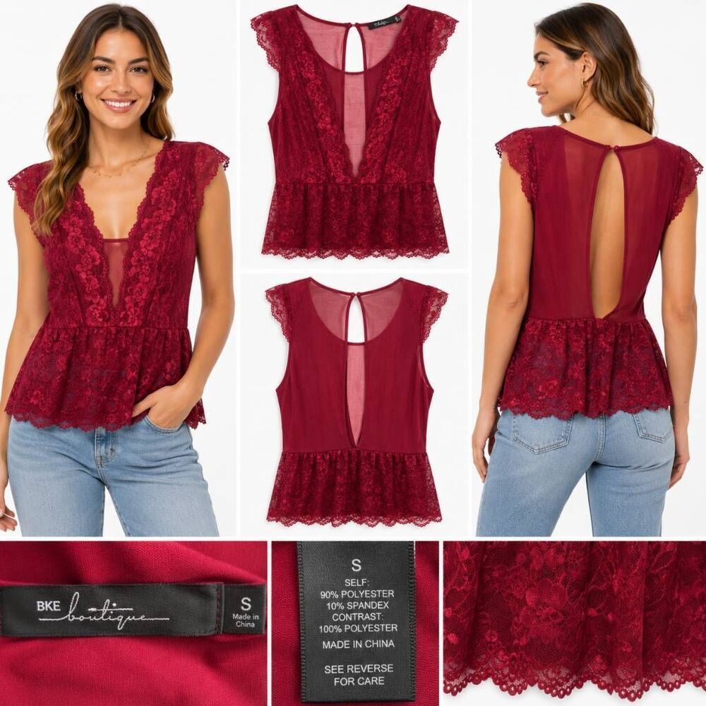 BKE Boutique Burgundy Lace Peplum Tank Top Women’s S